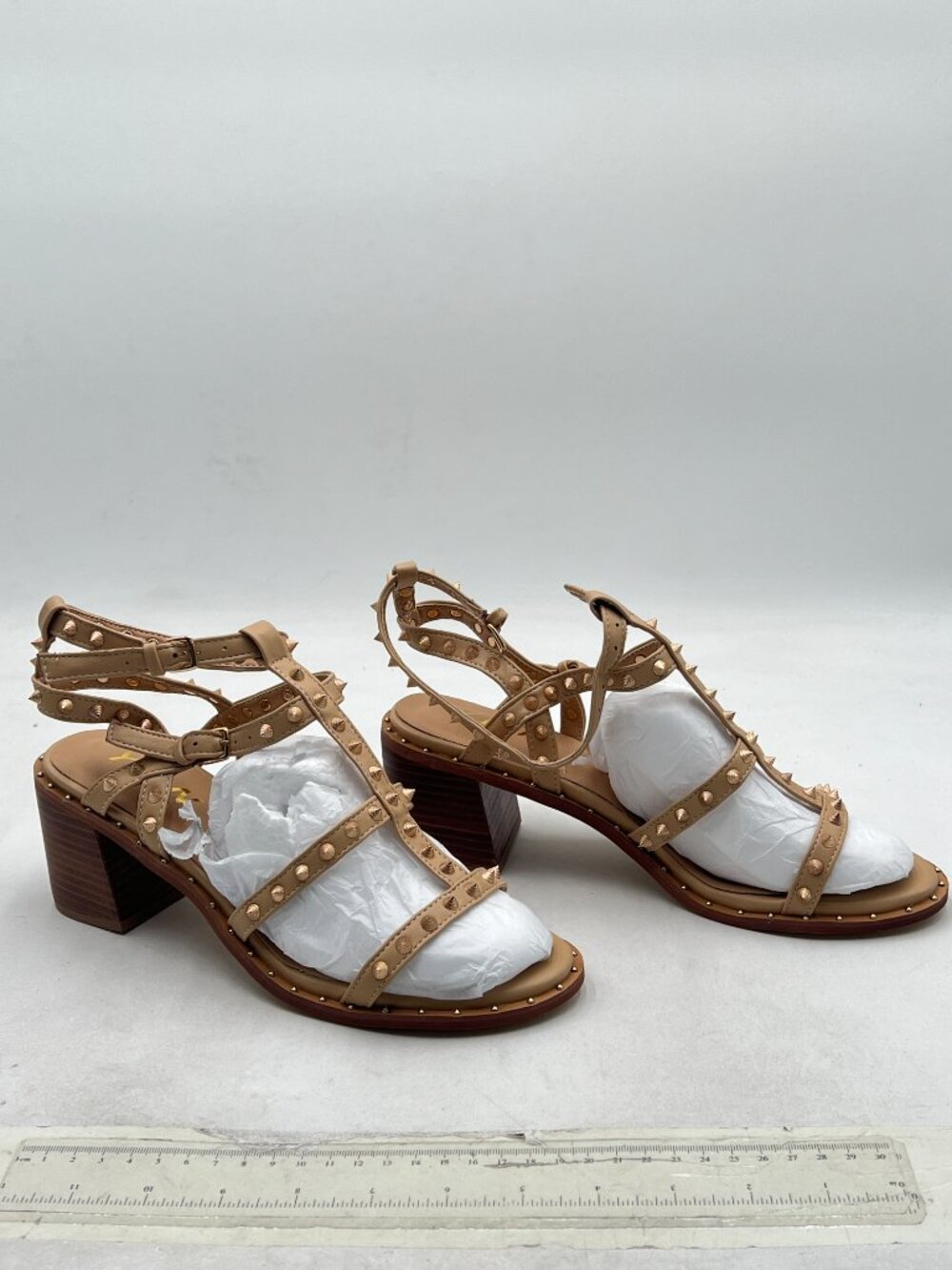 YDN Tan Sexy Strappy Sandals Open Toe Buckle Rivet Gladiator Chunky Heels Shoes - Picture 4 of 8